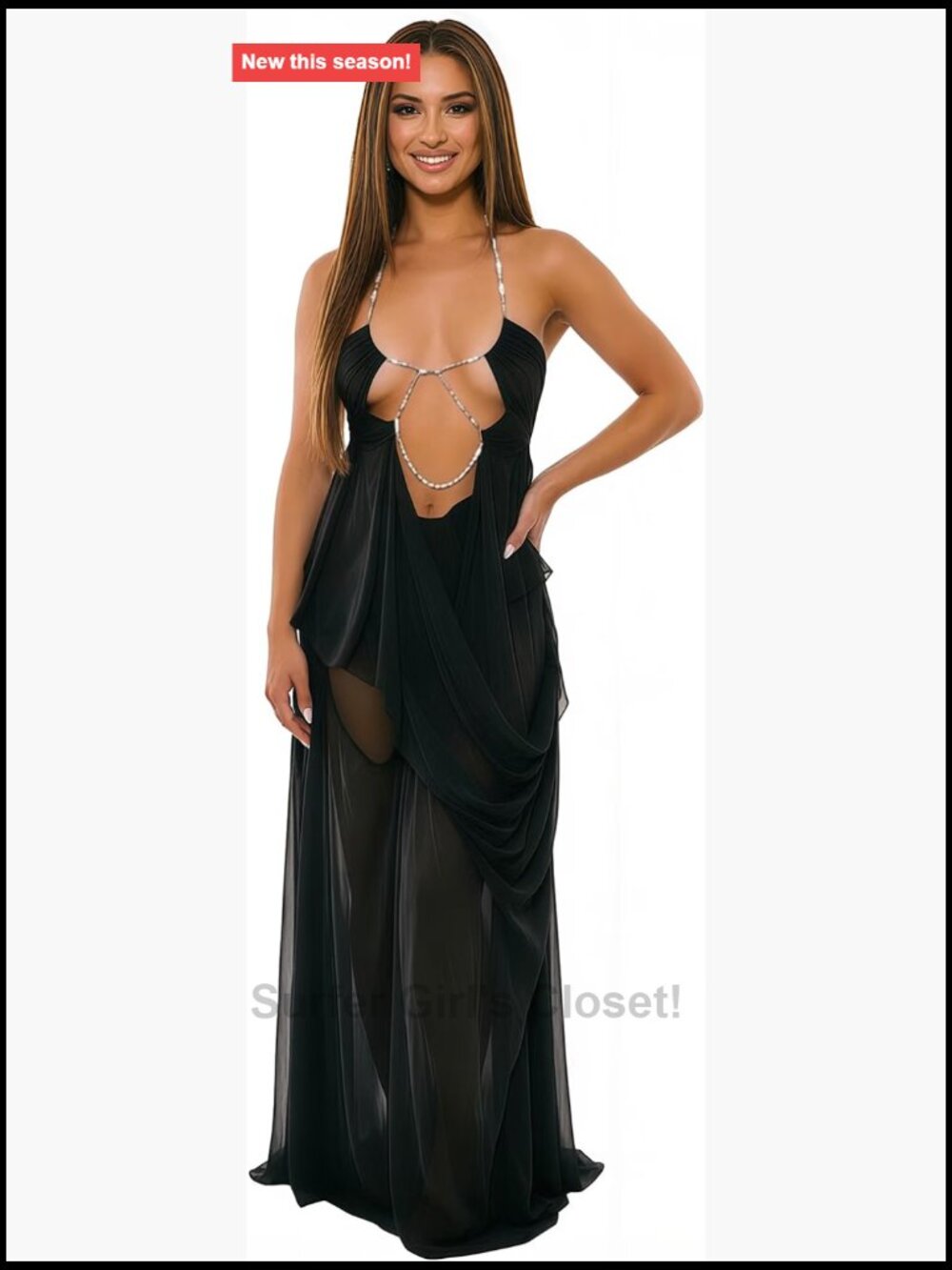 Sheer Mesh Maxi Dress Rhinestone Chain Backless Halter Party Evening
